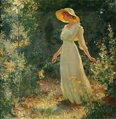 459x470 Woman In A White Dress In A Garden By Charles Courtney Curran - Woman In White Dress Painting