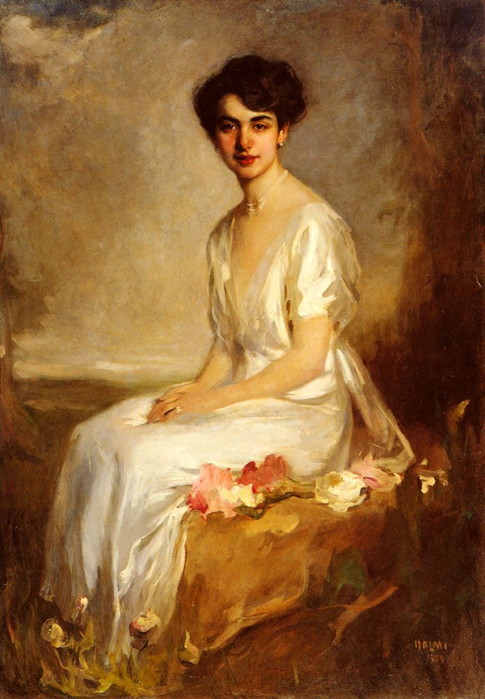 694x1000 Artur Lajos Halmi Portrait Of An Elegant Young Woman In A White - Woman In White Painting