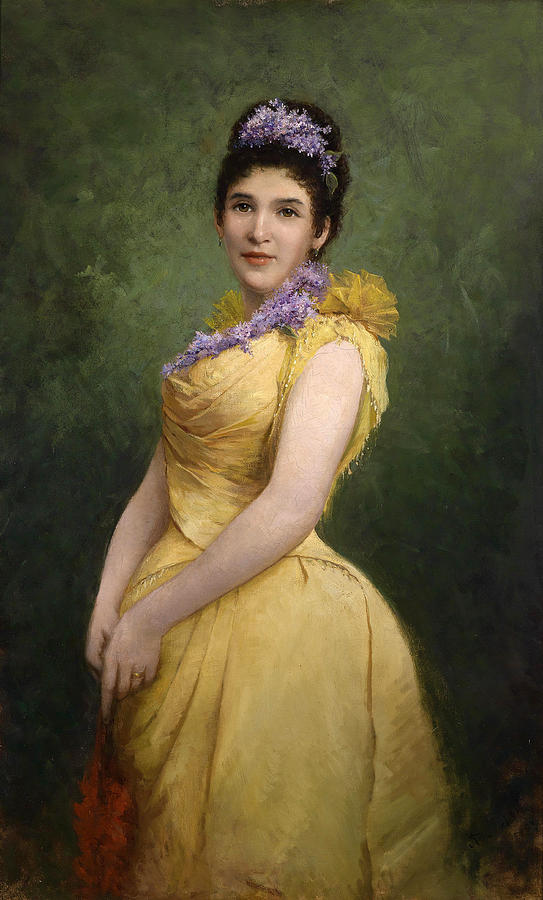 543x900 Lady In Yellow Dress And Lilac In Her Hair Painting By Adolf Echtler - Woman In Yellow Dress Painting