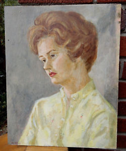 250x300 Vintage Mid Century Oil Portrait Woman In Yellow Dress Painting By - Woman In Yellow Dress Painting