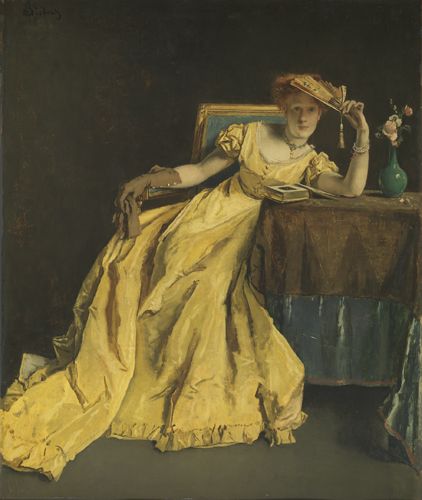 422x500 Alfred Stevens - Woman In Yellow Dress Painting