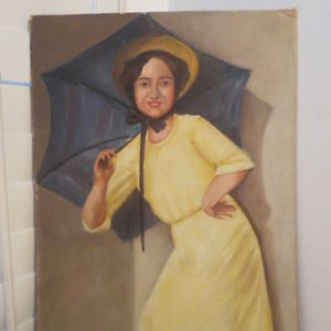 300x300 Antique Oil Portrait Edwardian Woman Yellow Dress W Umbrella C - Woman In Yellow Dress Painting