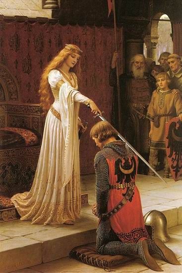 367x550 Pre Raphaelite Painting ~ In Other Words, A Romanticized - Woman Knighting Man Painting