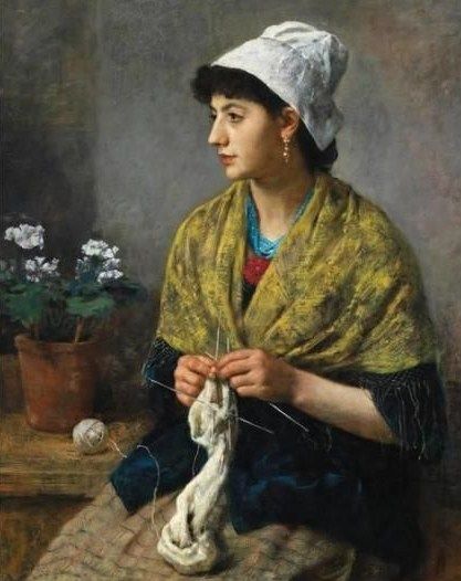 417x526 Otto Scholderer (German Painter, 1834 1902) Woman Knitting - Woman Knitting Painting