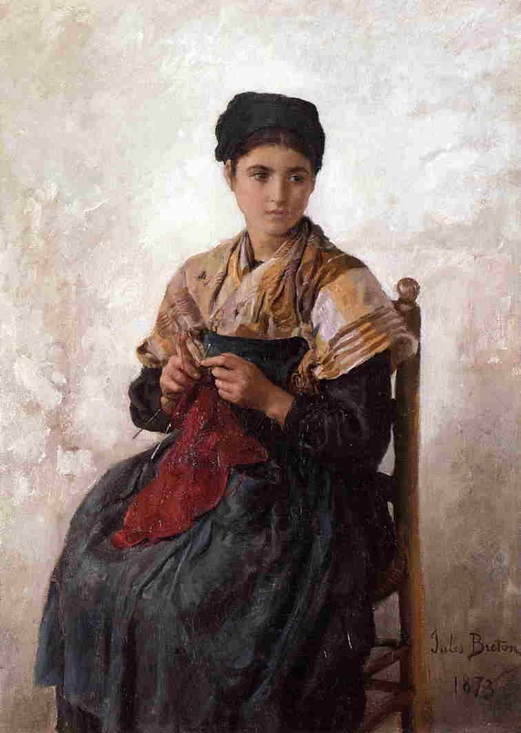 756x1064 Painting Of Young Woman Knitting By Jules Breton. Beautiful Image - Woman Knitting Painting