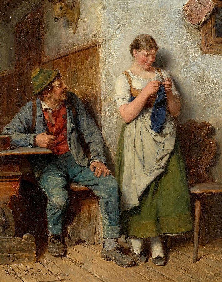 711x900 Room With Woodsman And A Young Woman Knitting Painting By Hugo - Woman Knitting Painting