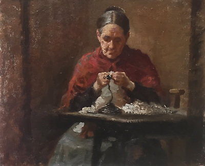 400x324 Woman Knitting Antique Oil Painting Late 19thearly 20th Century - Woman Knitting Painting