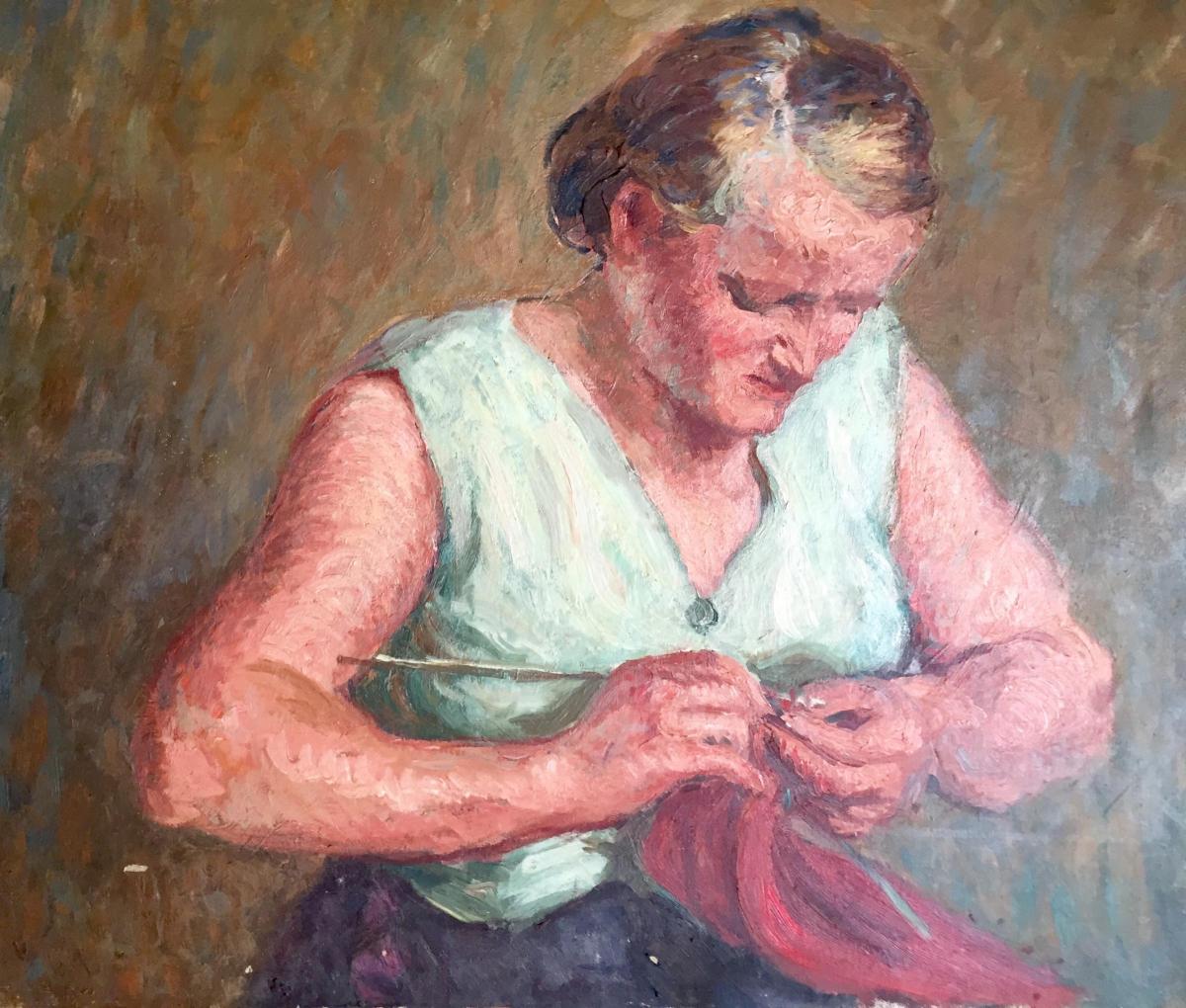 1200x1020 Woman Knitting Danda - Woman Knitting Painting