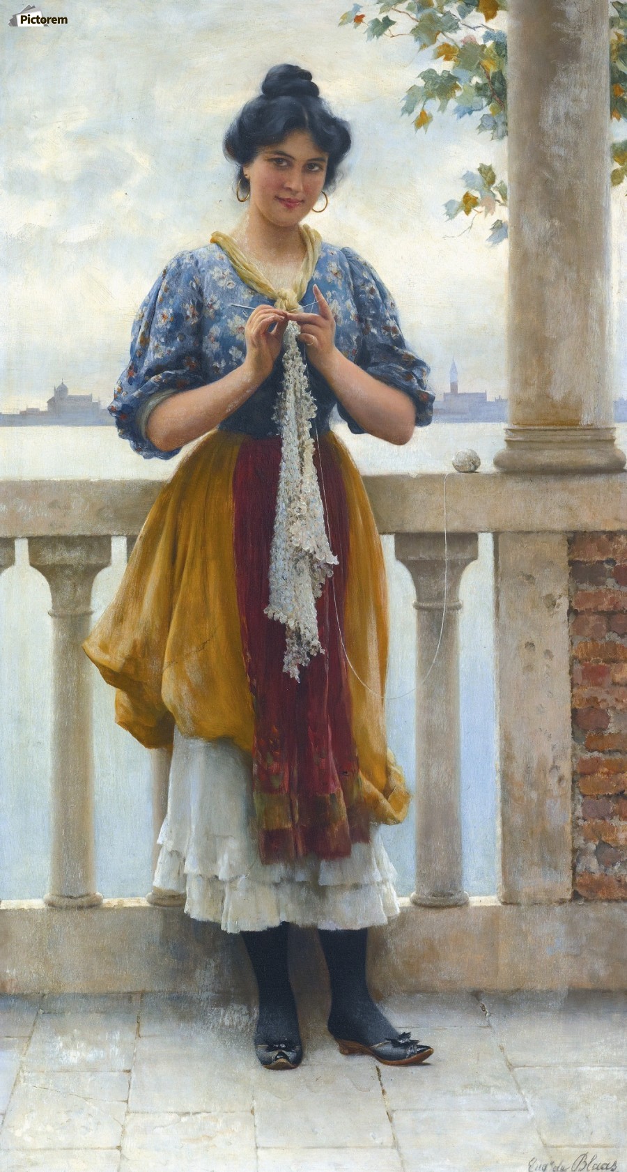 900x1682 Woman Knitting On Balcony - Woman Knitting Painting