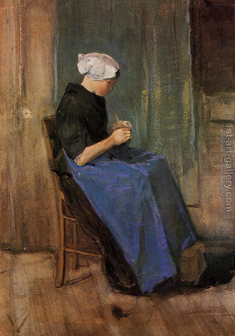 795x1134 Young Scheveningen Woman Knitting Vincent Van Gogh Reproduction - Woman Knitting Painting