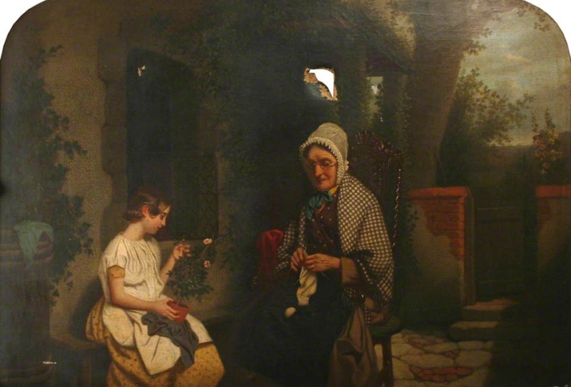 800x543 An Old Woman Knitting And A Girl Holding A Pot Plant Painting - Woman Knitting Painting