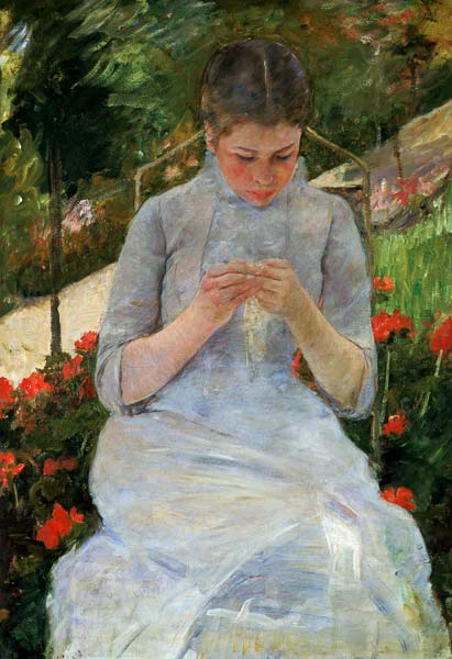 411x600 Young Knitting Woman In The Garden - Woman Knitting Painting