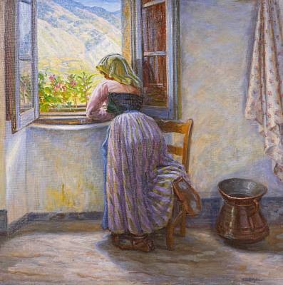 397x400 Interior With An Italian Woman Looking Out Of Window With A View - Woman Looking Out The Window Painting