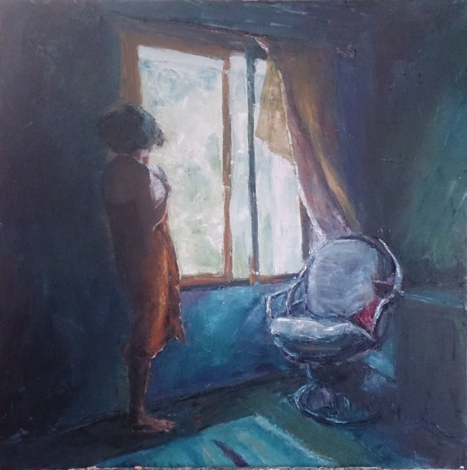 1588x1600 Woman In Orange Sarong Looking Out Of Window Byard Art - Woman Looking Out The Window Painting