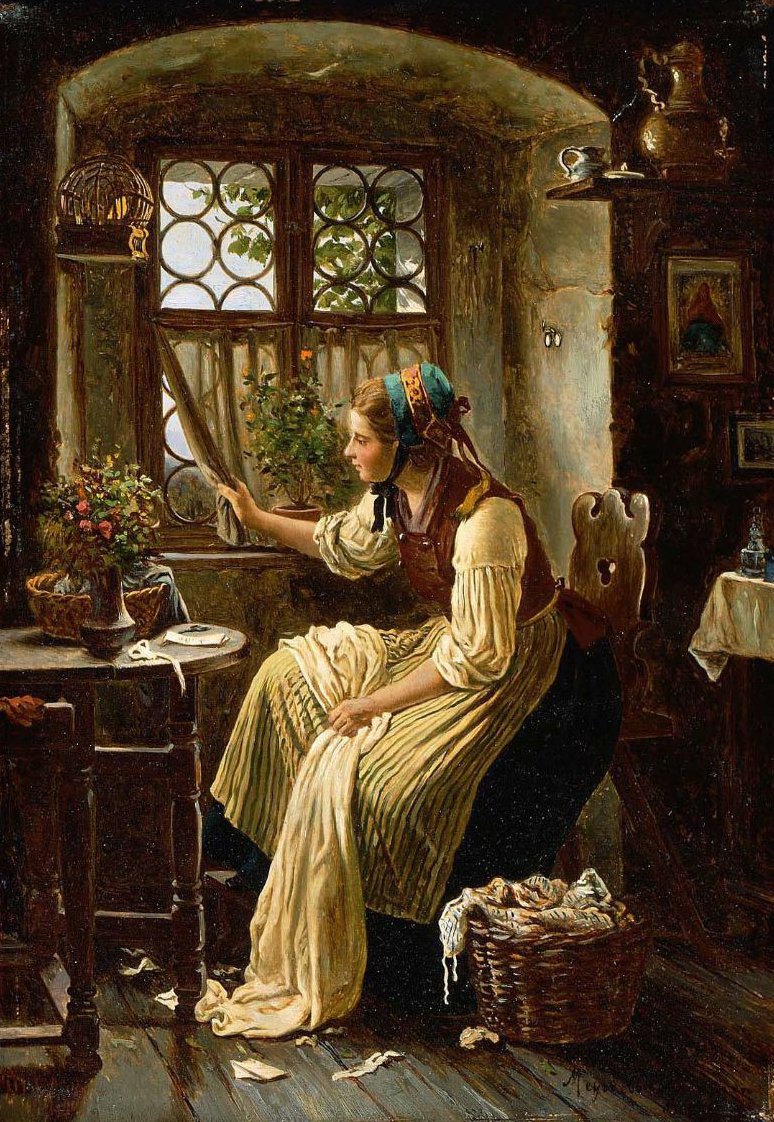 774x1122 Young Woman Looking Through A Window Painting Johann Georg Meyer - Woman Looking Out The Window Painting