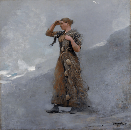 446x445 The Theme Of Sturdy Fisherwomen Silhouetted On Shore Looking Out - Woman Looking Out To Sea Painting