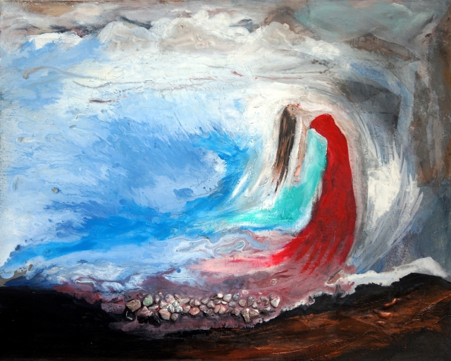 640x512 Woman In Red Dress Emerges From The Sea - Woman Looking Out To Sea Painting