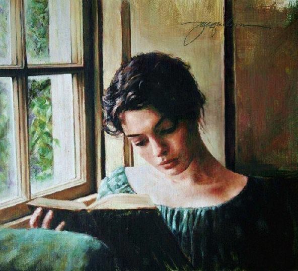 592x538 Jacquelyn Bischak Woman Reading By The Window - Woman Looking Out Window Painting
