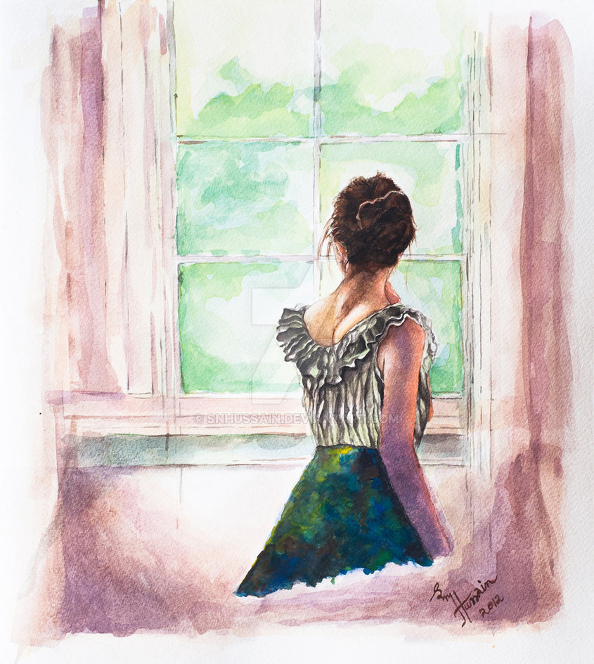845x945 A Look Outside The Window By Snhussain - Woman Looking Out Window Painting