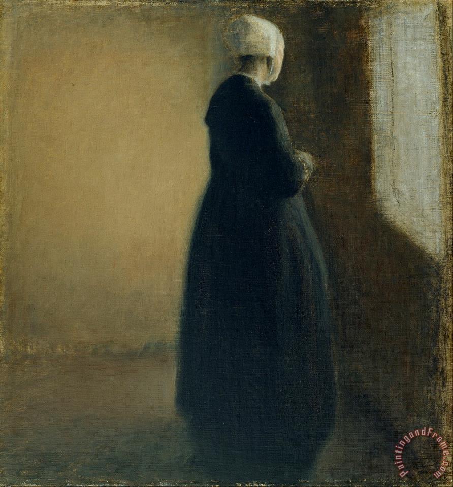 892x960 Vilhelm Hammershoi An Old Woman Standing By A Window Painting - Woman Looking Out Window Painting