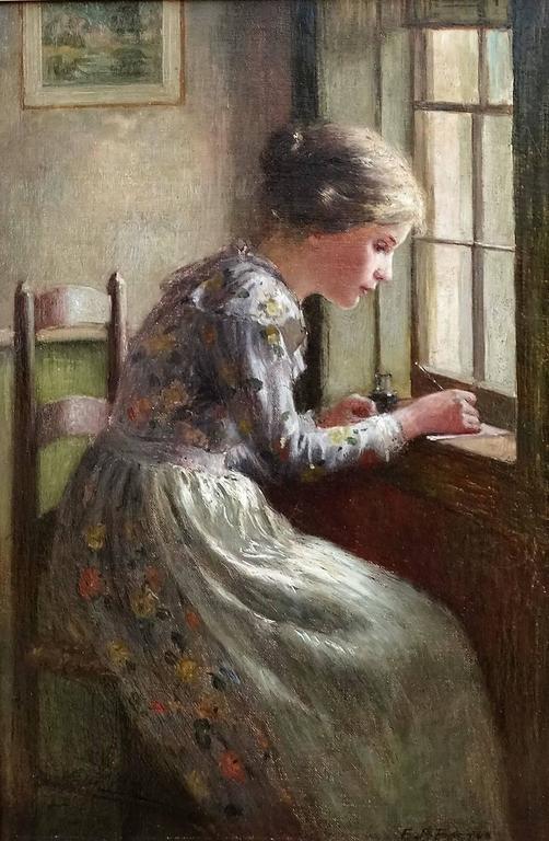 502x768 Frederick James Boston - Woman Looking Out Window Painting