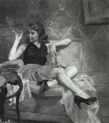 416x470 Woman With Cigarette Holder And Green Nail Polish Lounging By - Woman Lounging Painting