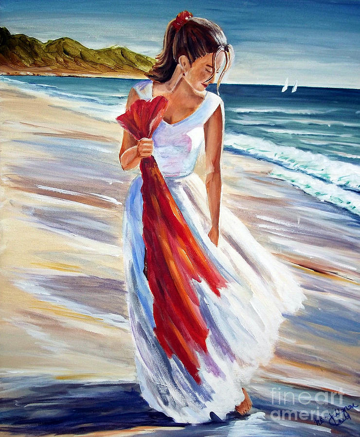 740x900 Red Scarf Painting By Nora Gallagher - Woman On Beach Painting