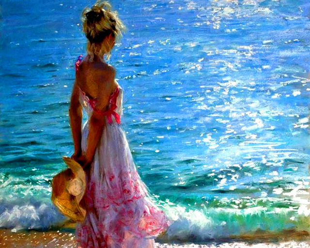 640x512 40x50cm(16x 20) Beautiful Woman On The Beach Character Full - Woman On Beach Painting