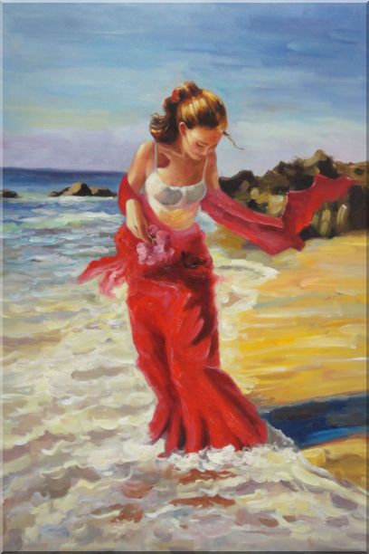 408x612 Framed Girl With Long Red Skirt Enjoy Herself In Beach Water Oil - Woman On Beach Painting