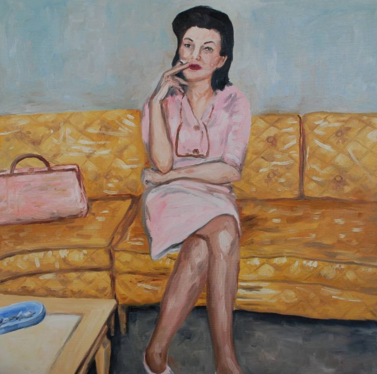 770x763 Saatchi Art Woman Smoking On Plastic Couch Painting By Kelly Witmer - Woman On Couch Painting