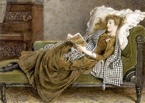 500x357 A Young Lady Reading In An Interior, George Goodwin Kilburne - Woman On Couch Painting