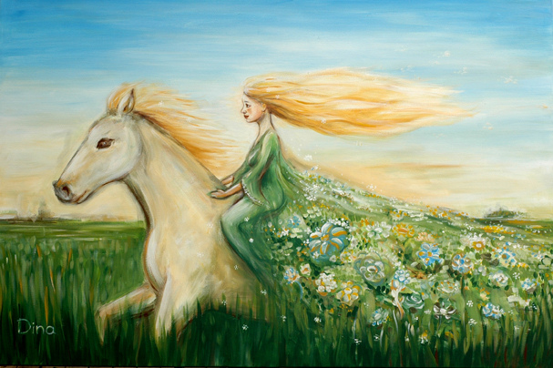 607x404 Woman Nature - Woman On Horse Painting