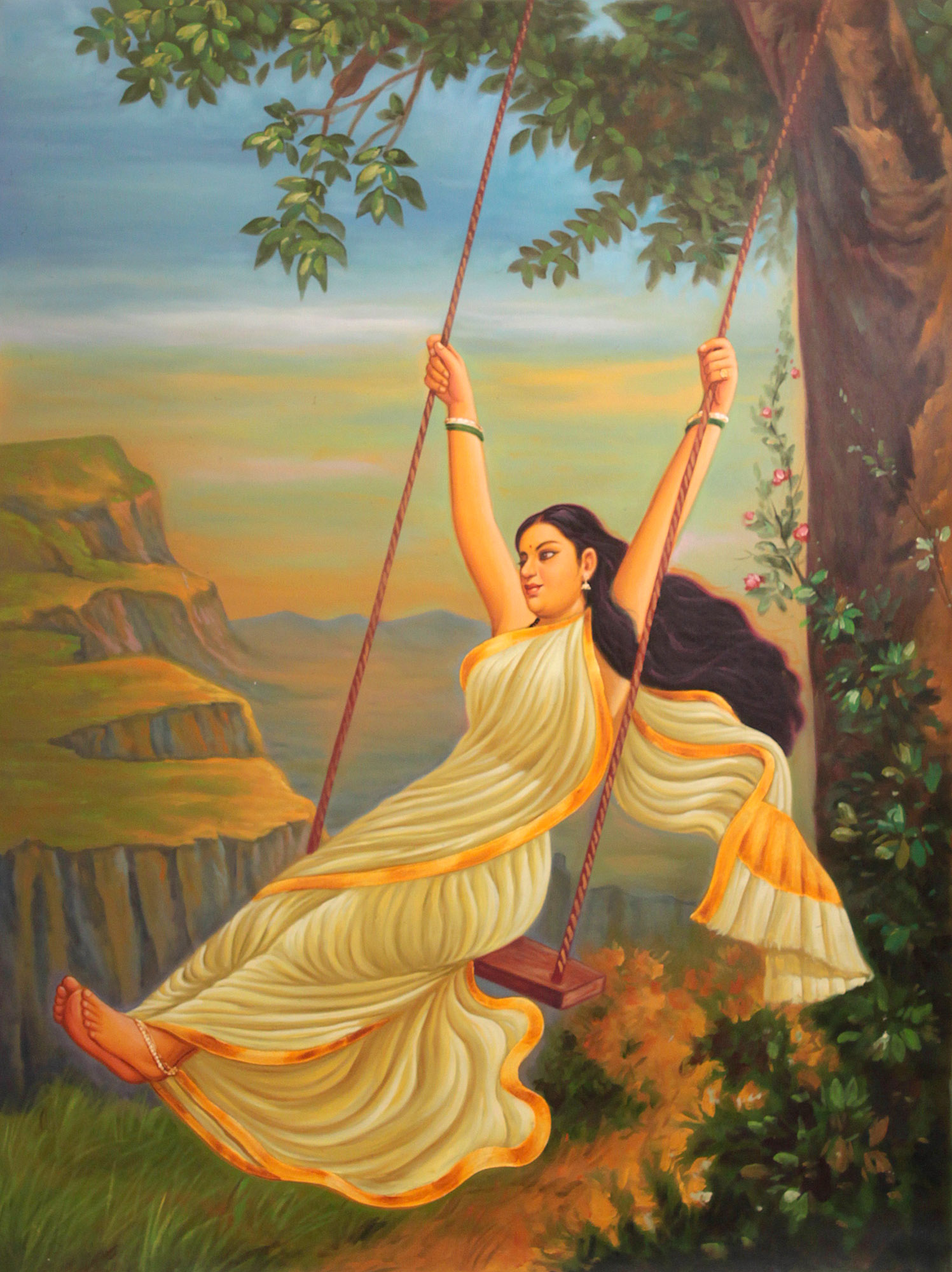 1497x2000 The Lady Enjoying Swing - Woman On Swing Painting