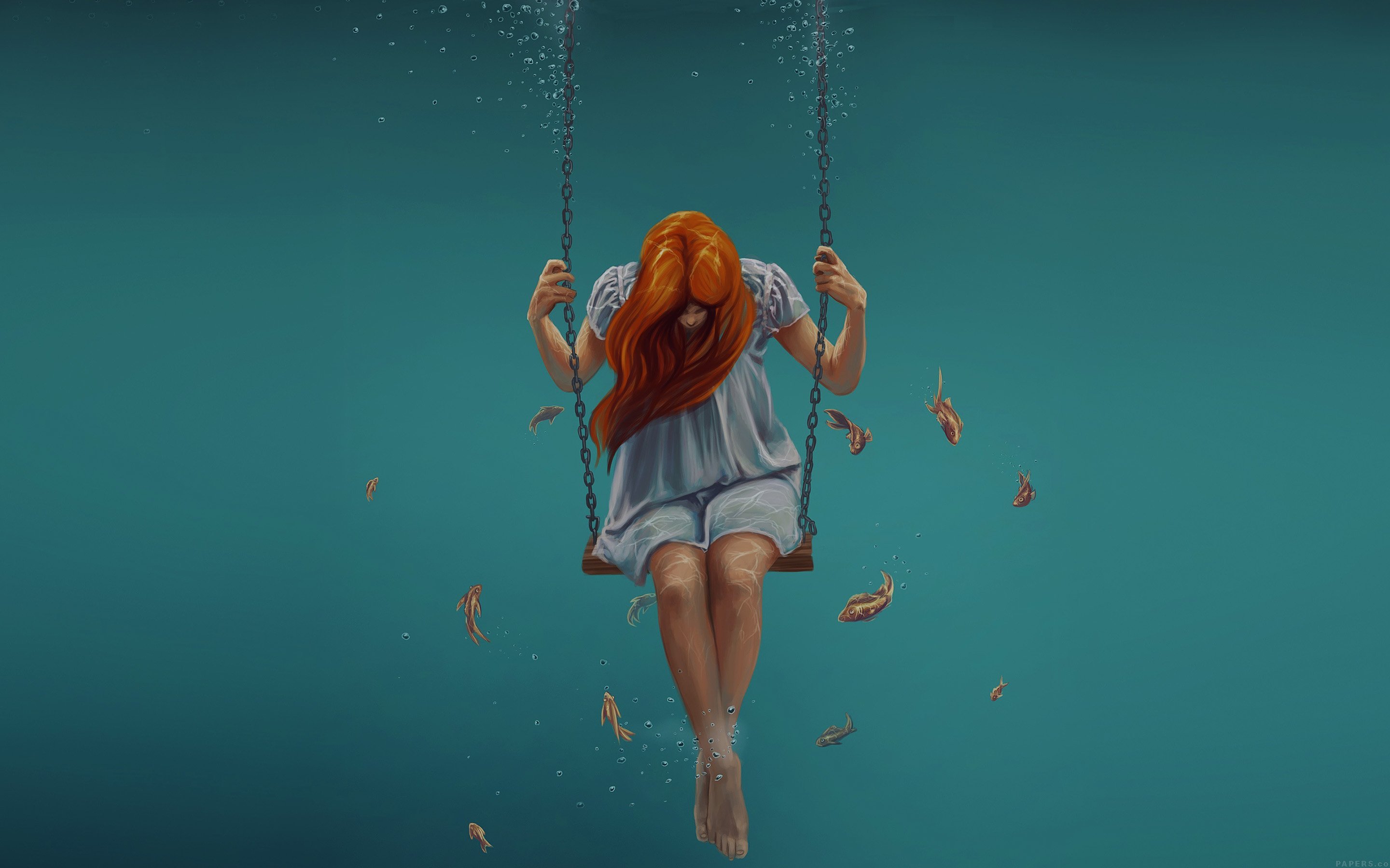 2880x1800 Beauty, Free, Hd Desktop Wallpapers, Girl, Painting, Fish,swing - Woman On Swing Painting