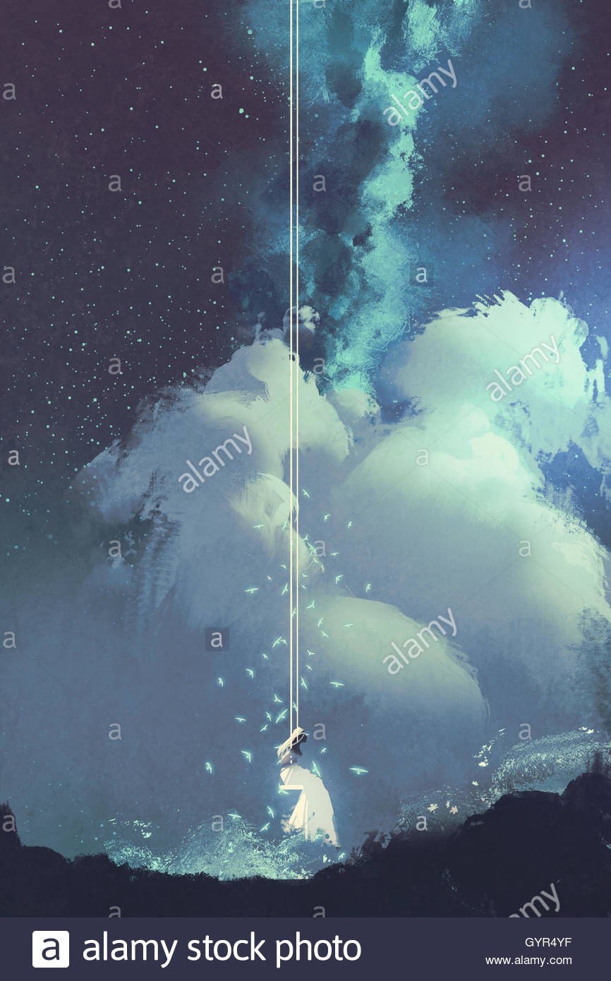 866x1390 Woman On A Swing Under Night Sky With Stars And Clouds - Woman On Swing Painting