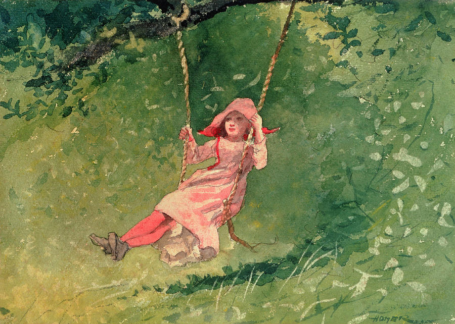 900x642 Girl On A Swing Painting By Winslow Homer - Woman On Swing Painting
