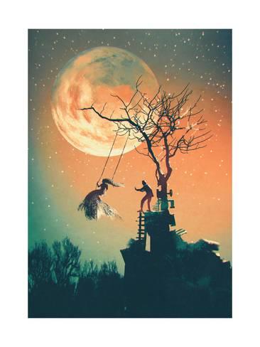 366x488 Halloween Night Background With Man Pushing Woman On Swing - Woman On Swing Painting