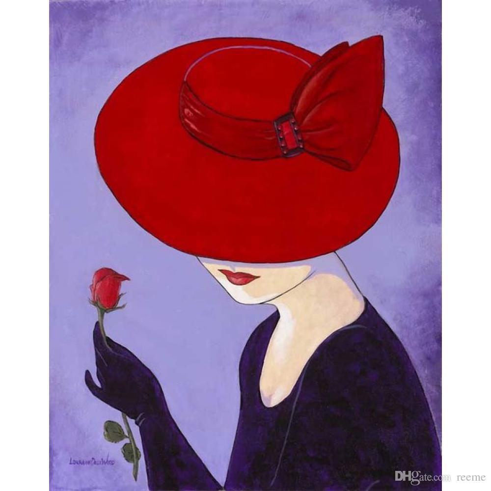 1000x1000 Beautiful Oil Paintings Abstract Modern Woman In Red Hat With Rose - Woman Painting Abstract