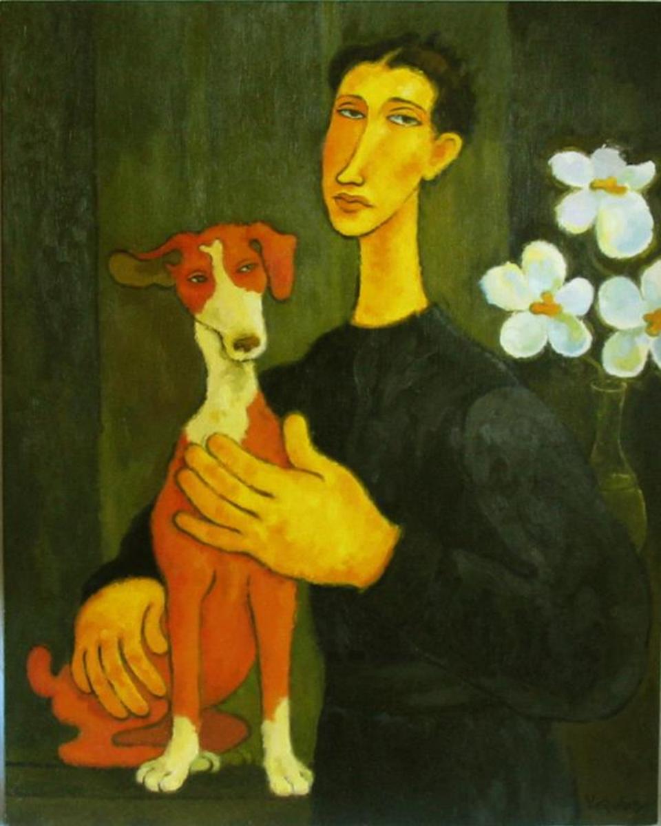 960x1200 Woman With Dog And Flowers - Woman Painting On Canvas