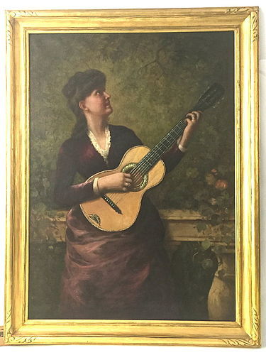 375x500 Woman Playing Guitar 19th Century Oil Painting (Item - Woman Playing Guitar Painting