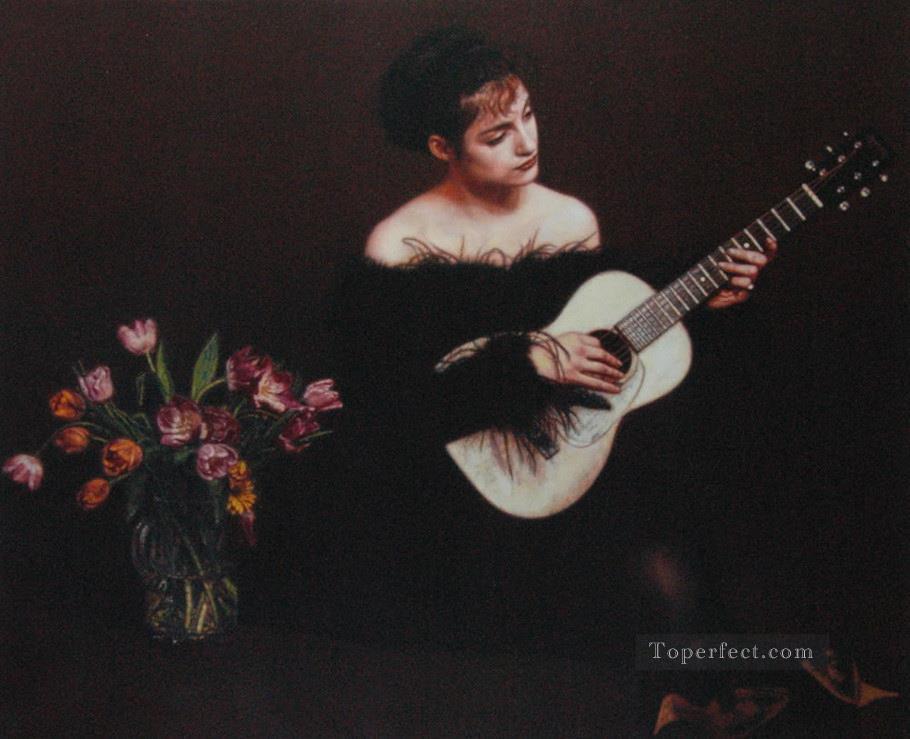 910x739 Woman Playing Guitar Chinese Chen Yifei Painting In Oil For Sale - Woman Playing Guitar Painting