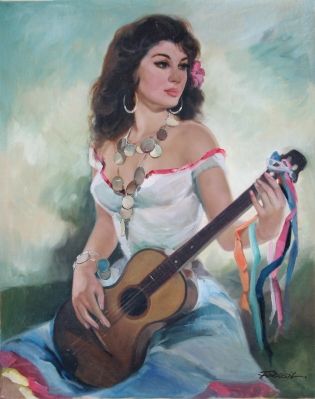 315x399 Young Woman Playing Guitar By Lajos Fuzesi 1950 Ca. Oil On Canvas - Woman Playing Guitar Painting