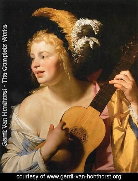459x600 Gerrit Van Honthorst - Woman Playing Guitar Painting