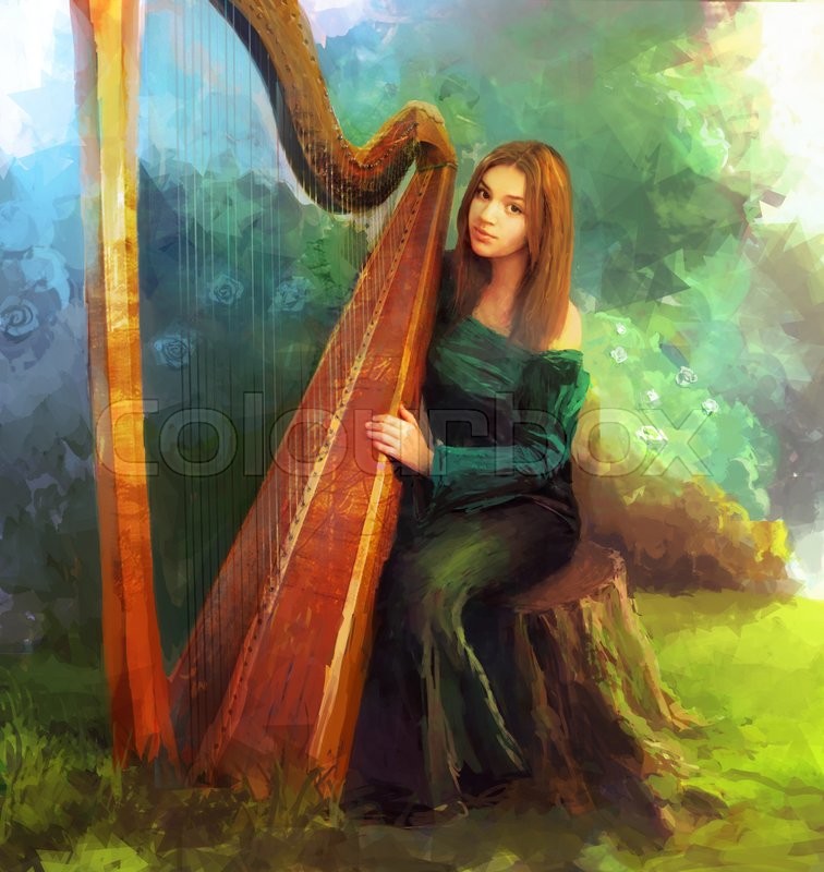 756x800 Beautiful Girl In Strict Dress Play On Celtic Harp In Garden - Woman Playing Harp Painting