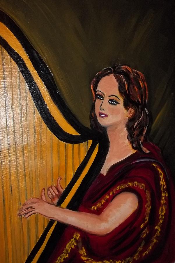 601x900 Girl Playing The Harp Painting By Iris Devadason - Woman Playing Harp Painting