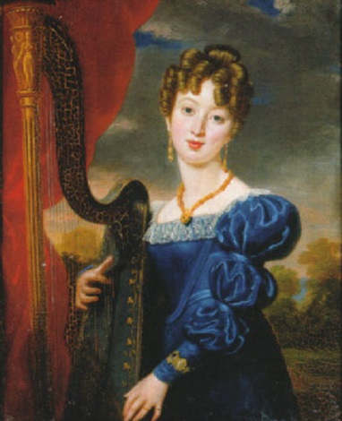 382x470 Portrait Of A Lady, In A Blue Dress Playing The Harp, A Landscape - Woman Playing Harp Painting