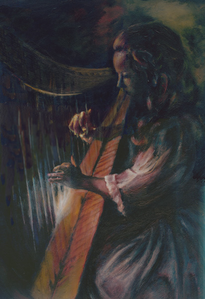 412x600 Woman Playing Harp - Woman Playing Harp Painting