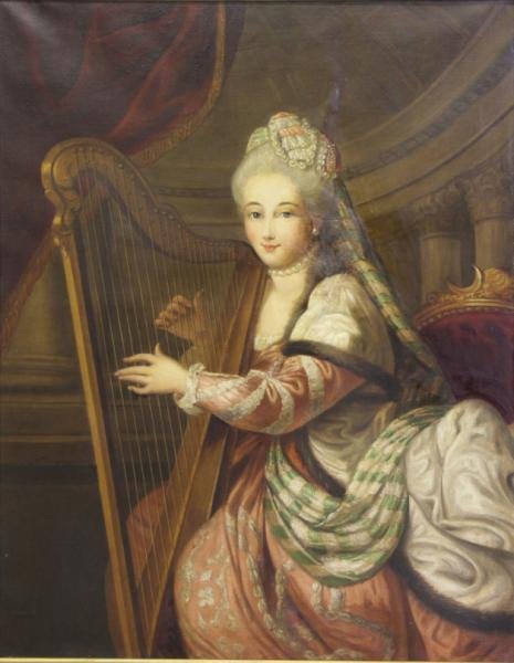 465x600 19th C. Oil On Canvas Of Woman Playing A Harp. - Woman Playing Harp Painting