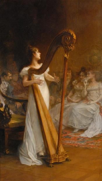 350x619 Young Woman Playing Harp By Frederic Henrik Kaemmerer Regency - Woman Playing Harp Painting