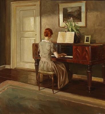 368x400 Interior With A Woman Playing The Piano By Soren Josva Christensen - Woman Playing Piano Painting